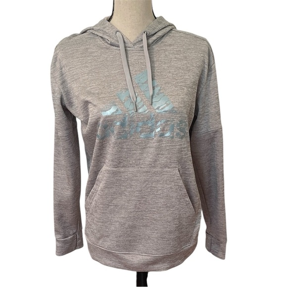 Adidas Women's Light Gray Hoodie with Blue Logo Climawarm Size Medium Lined EUC - Picture 1 of 12